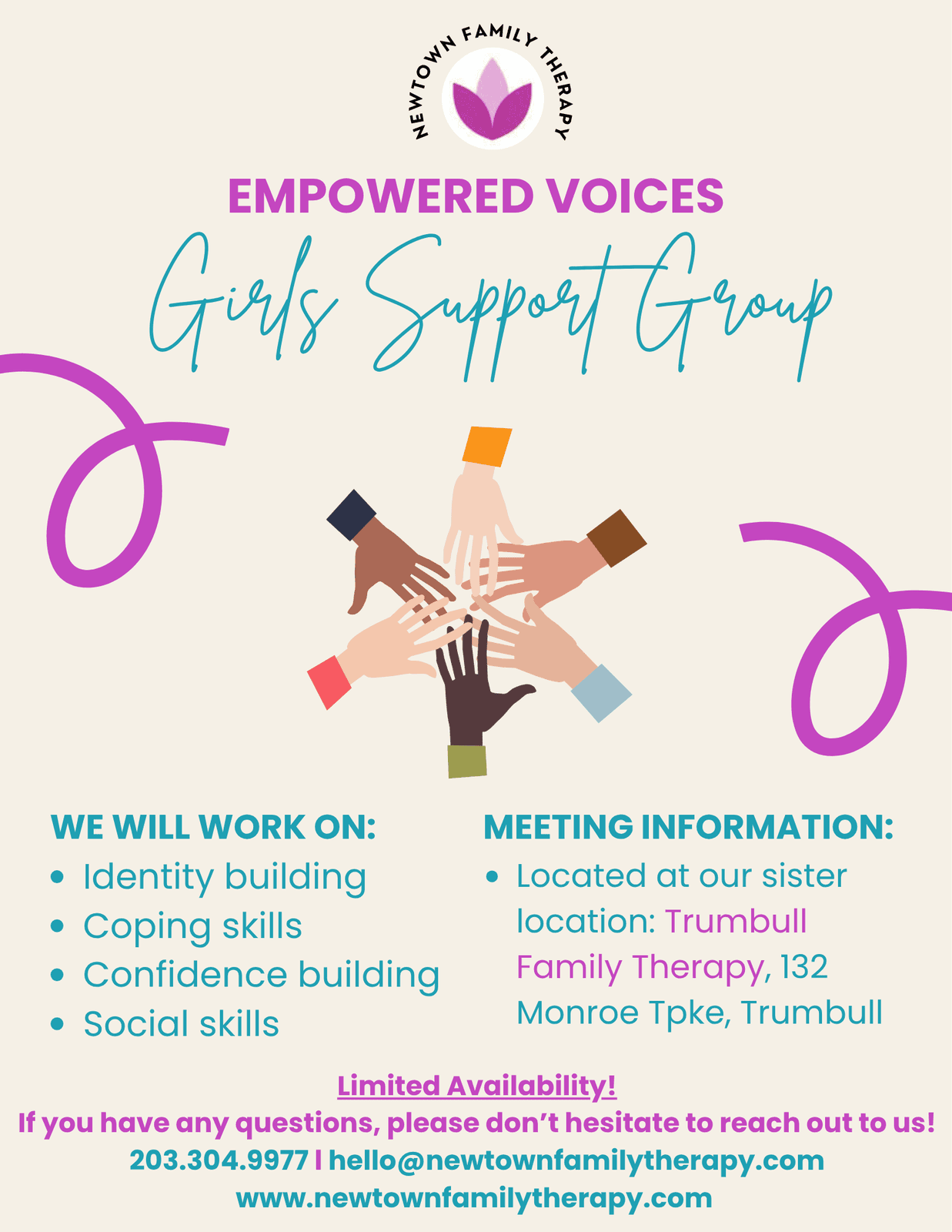 Empowered Voices therapy group flyer from Newtown Family Therapy
